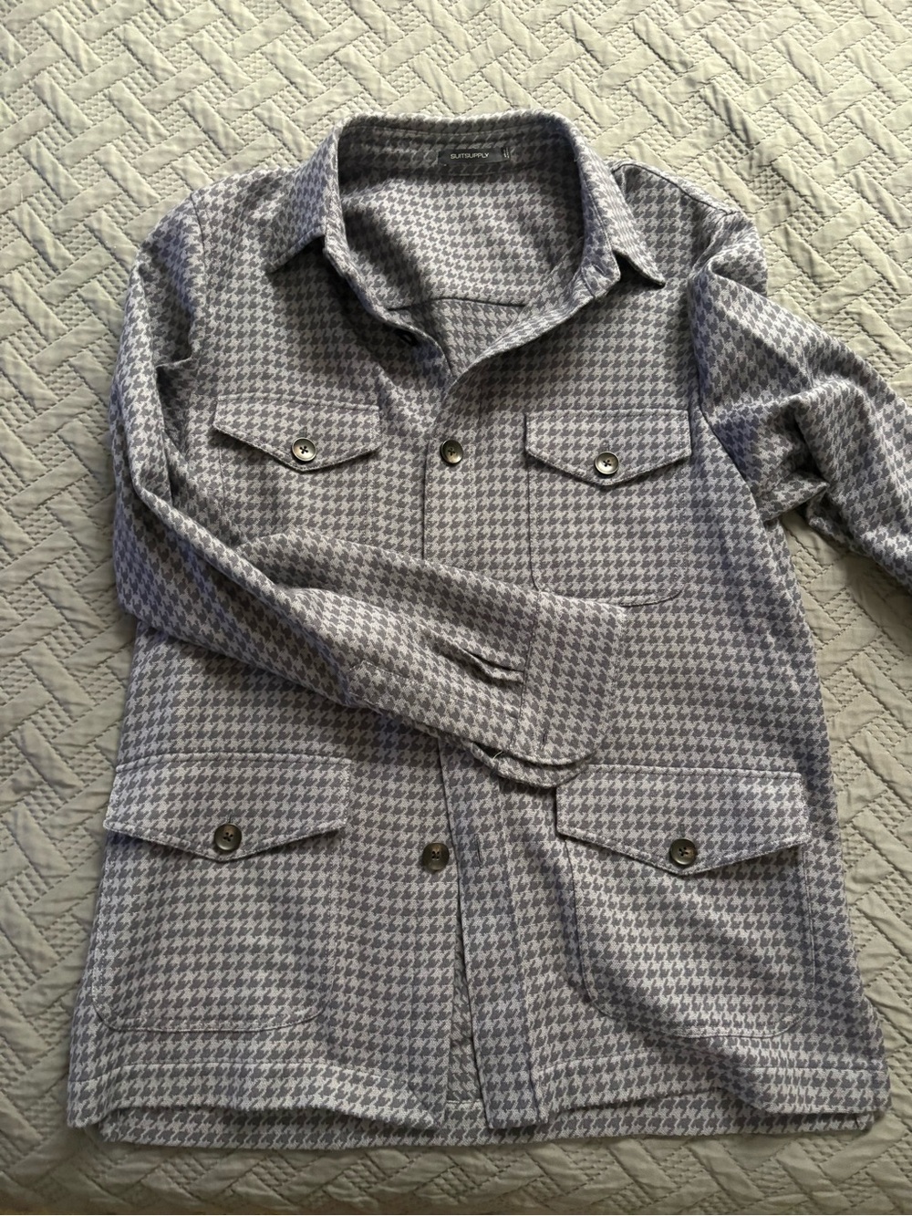 Suitsupply Gray Houndstooth Button-Up Shirt Jacket